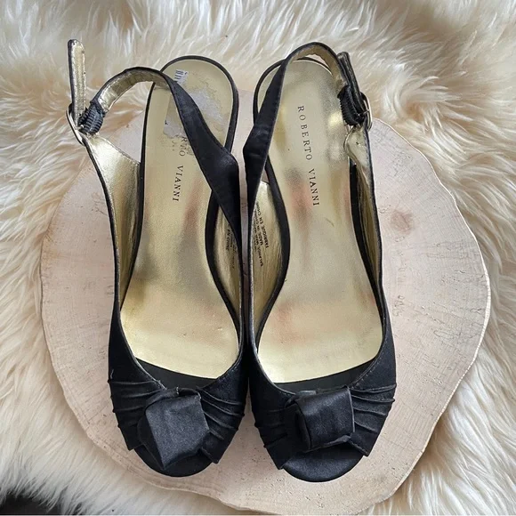 ROBERTO VIANNI Black Peep Toe Cork Wedge Slingback Sandals Women's Size 37 Y2K - Picture 4 of 6